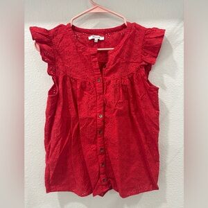 Madewell Red Orange Ruffle Sleeve Bib Top Floral Eyelet Button Blouse Sz S
